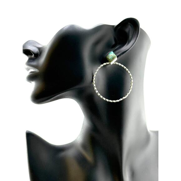 Turquoise Sterling Silver Hoop Post Earrings - Picture 1 of 3